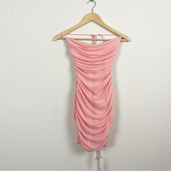 Oh Polly Next Up Ruched Mesh Peach Mini Dress Size 4 - Picture 2 of 6